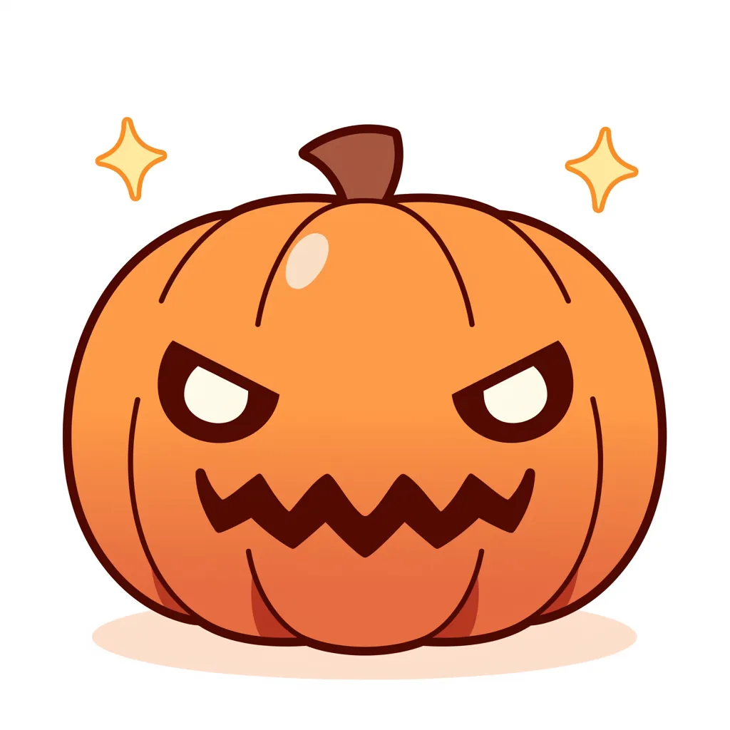 ハロウィンランタンとにらみ顔カボチャ｜アニメ風のデフォルメスタイルで描かれたカボチャが、鋭い目つきとギザギザ口で不機嫌そうな表情を見せるハロウィンランタン。ポップでかわいいがちょっと怖い印象も与える。