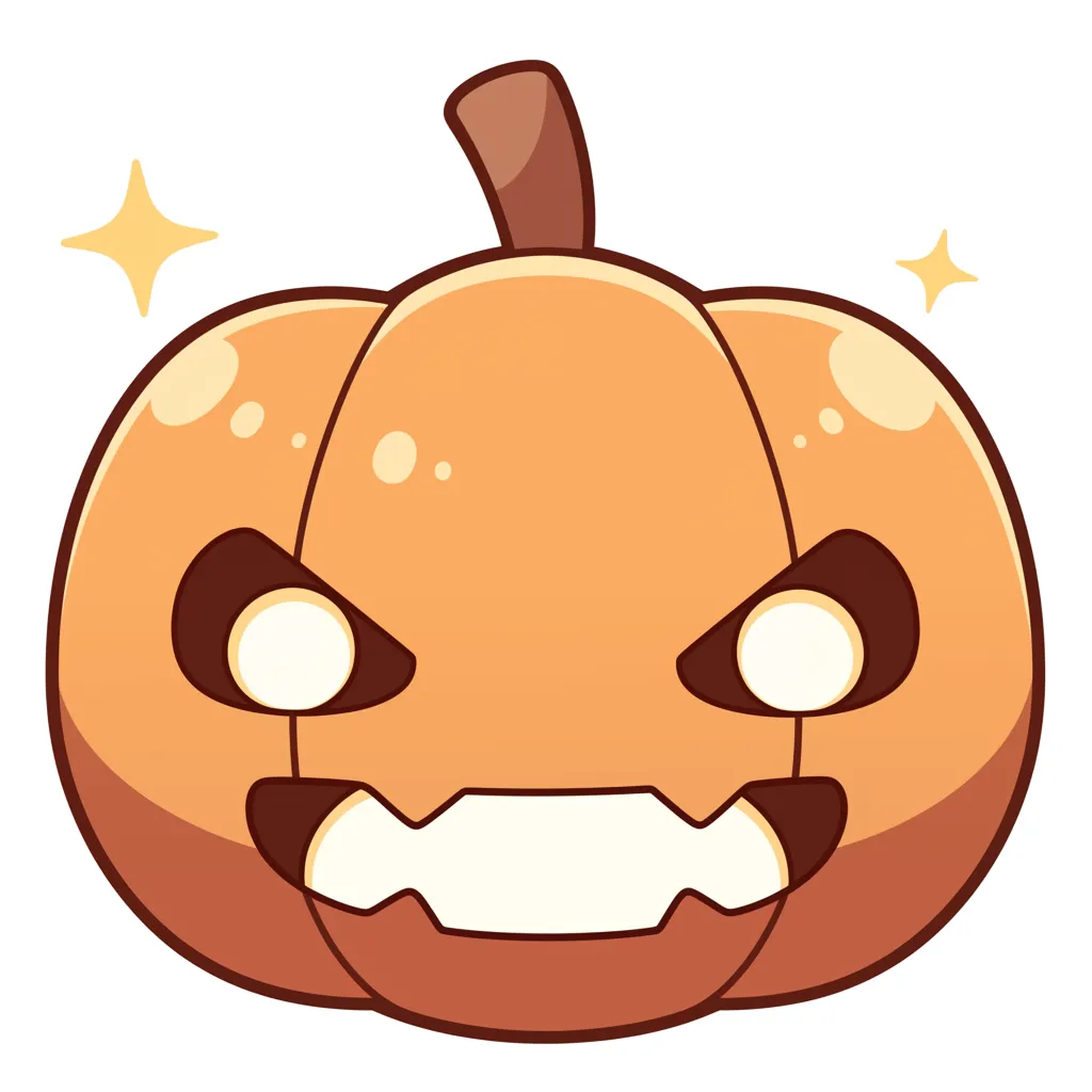 ハロウィンランタンと怒り顔パンプキン｜大きな光る目と怒ったようなギザギザの口が印象的なハロウィンランタン。シンプルながらも力強い線と塗りで、強気な表情をユーモラスに表現している。