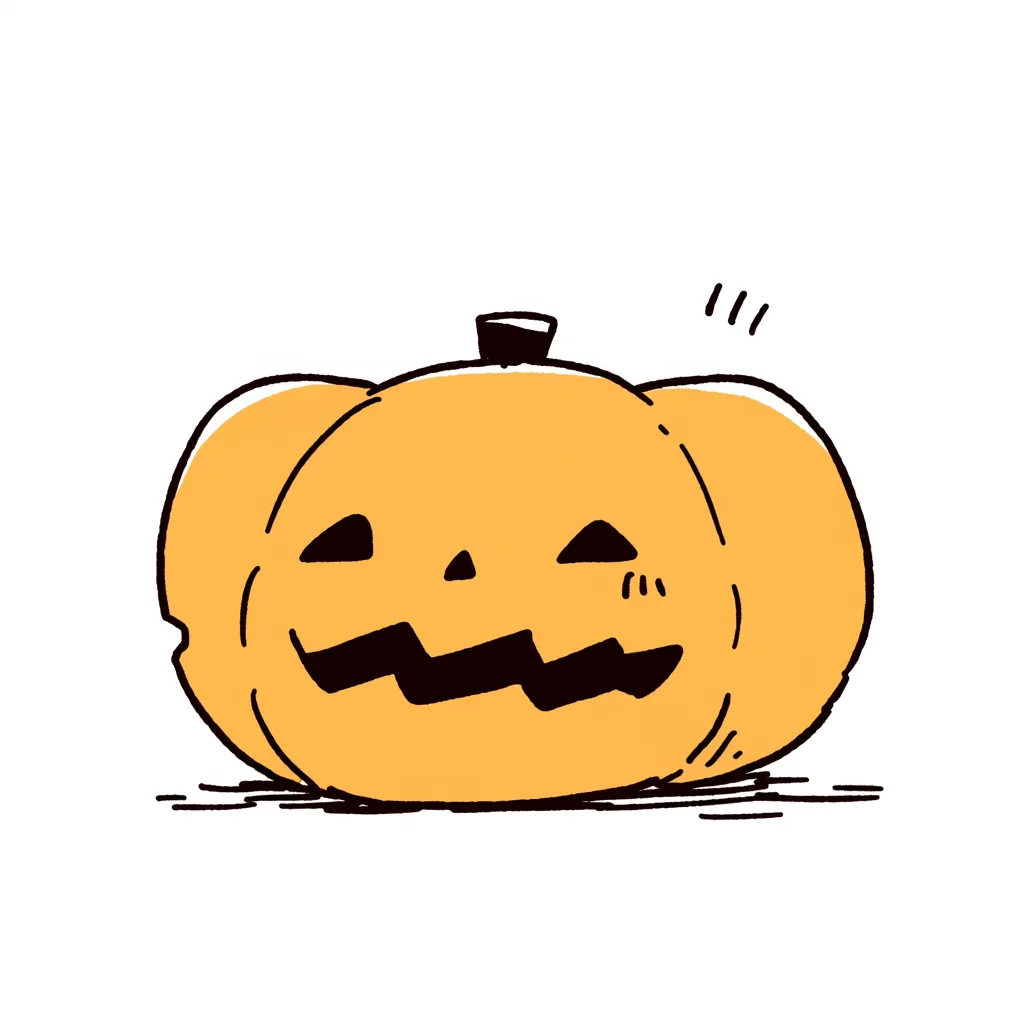 ハロウィンランタンとぐったりカボチャ｜潰れたような形とゆるい表情で、どこか疲れたような雰囲気を感じさせるハロウィンランタン。手描きのタッチで、クスッと笑える可愛らしさを持つ。