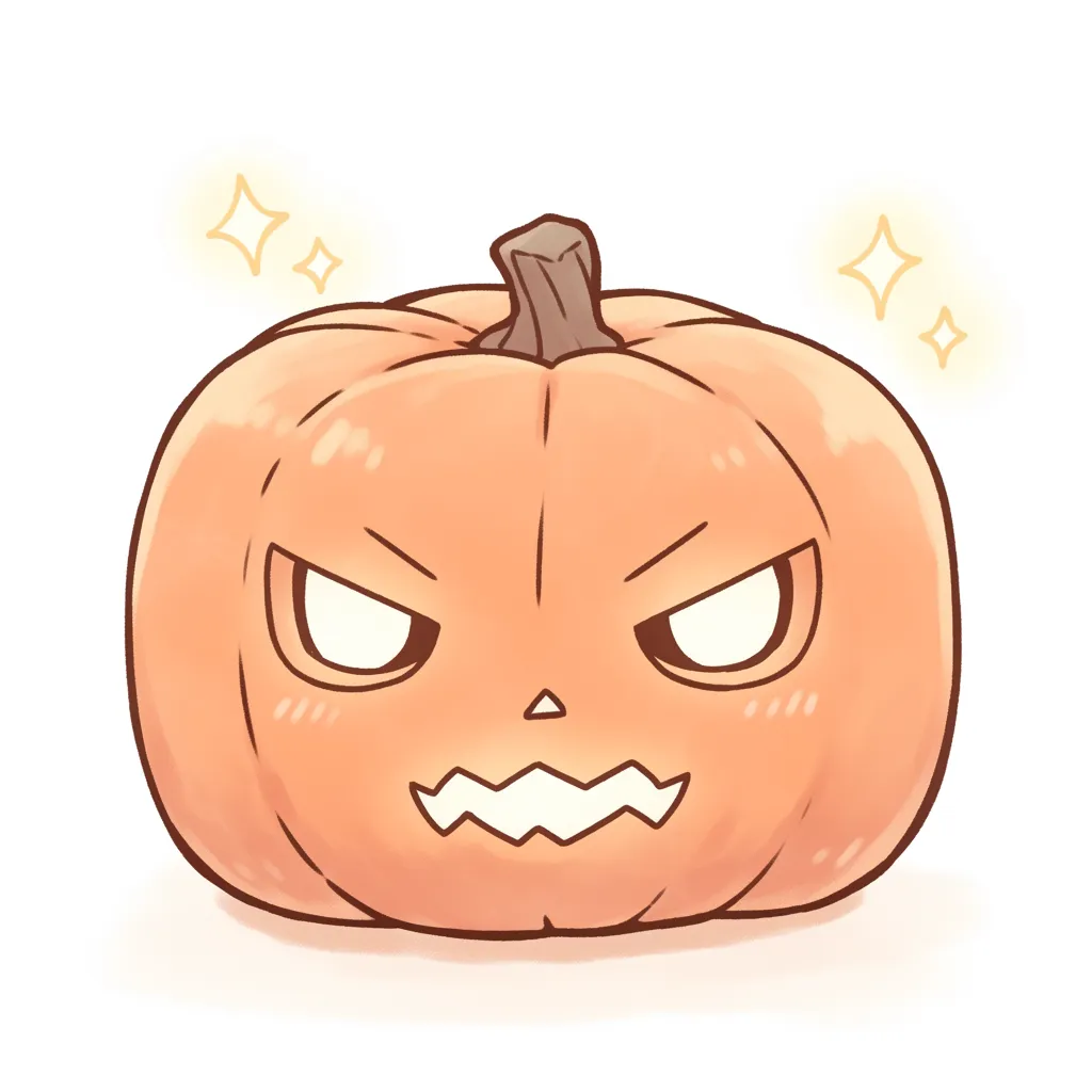 ハロウィンランタンとツン顔パンプキン｜ほんのり赤みを帯びた頬と鋭い目元が特徴の、ツンとした表情のハロウィンランタン。柔らかなパステル風の彩色で、可愛さの中に意志の強さを感じさせる。