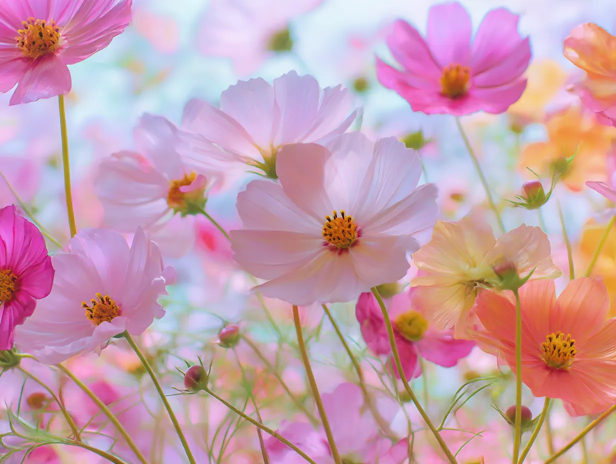 10月花写真・光に包まれたコスモス畑｜柔らかな光が差し込む中、さまざまな色のコスモスが咲き誇る幻想的な風景。ふんわりとした色彩が夢の中のような雰囲気です。