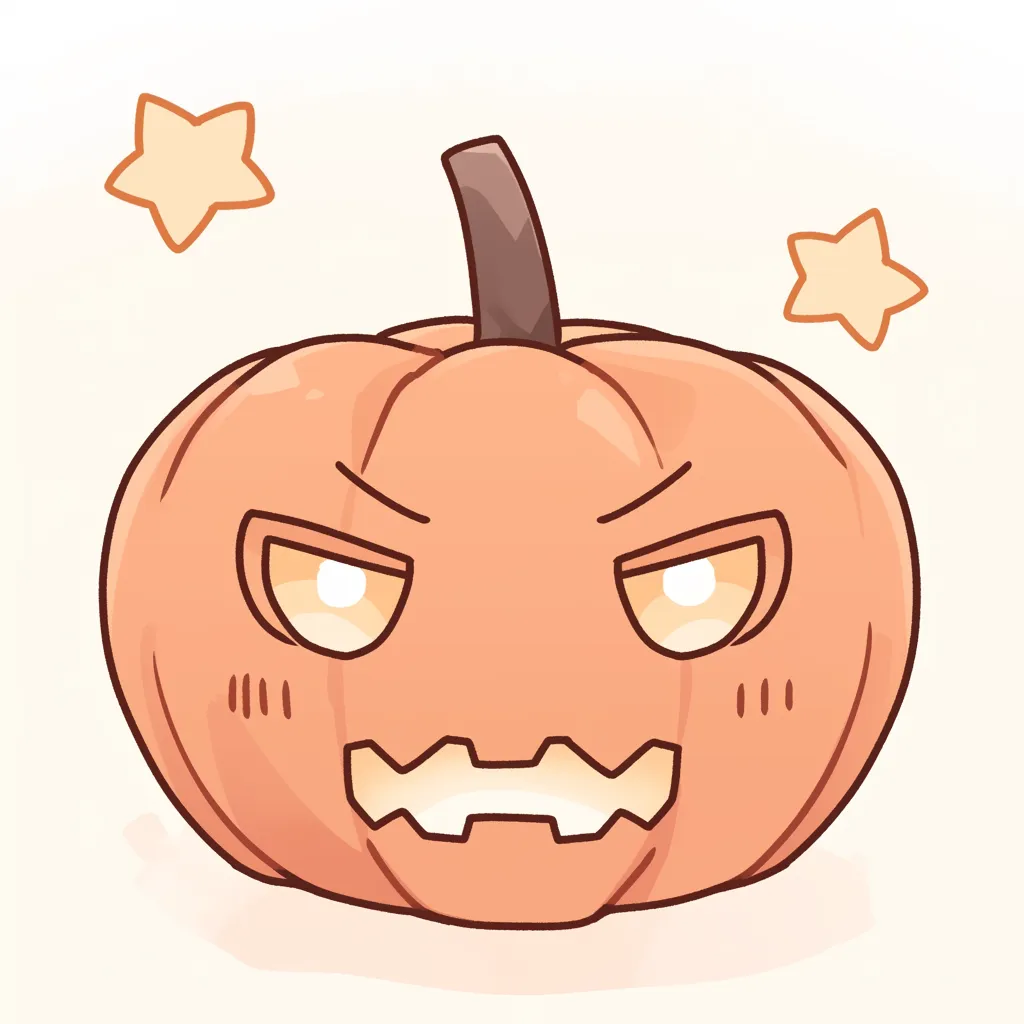 ハロウィンランタンと星囲みパンプキン｜頬を赤らめながらも睨むような表情のカボチャが、星に囲まれて浮かび上がるハロウィンランタン。優しい彩色と線で仕上げられ、ほんのりコミカルな空気感が漂う。