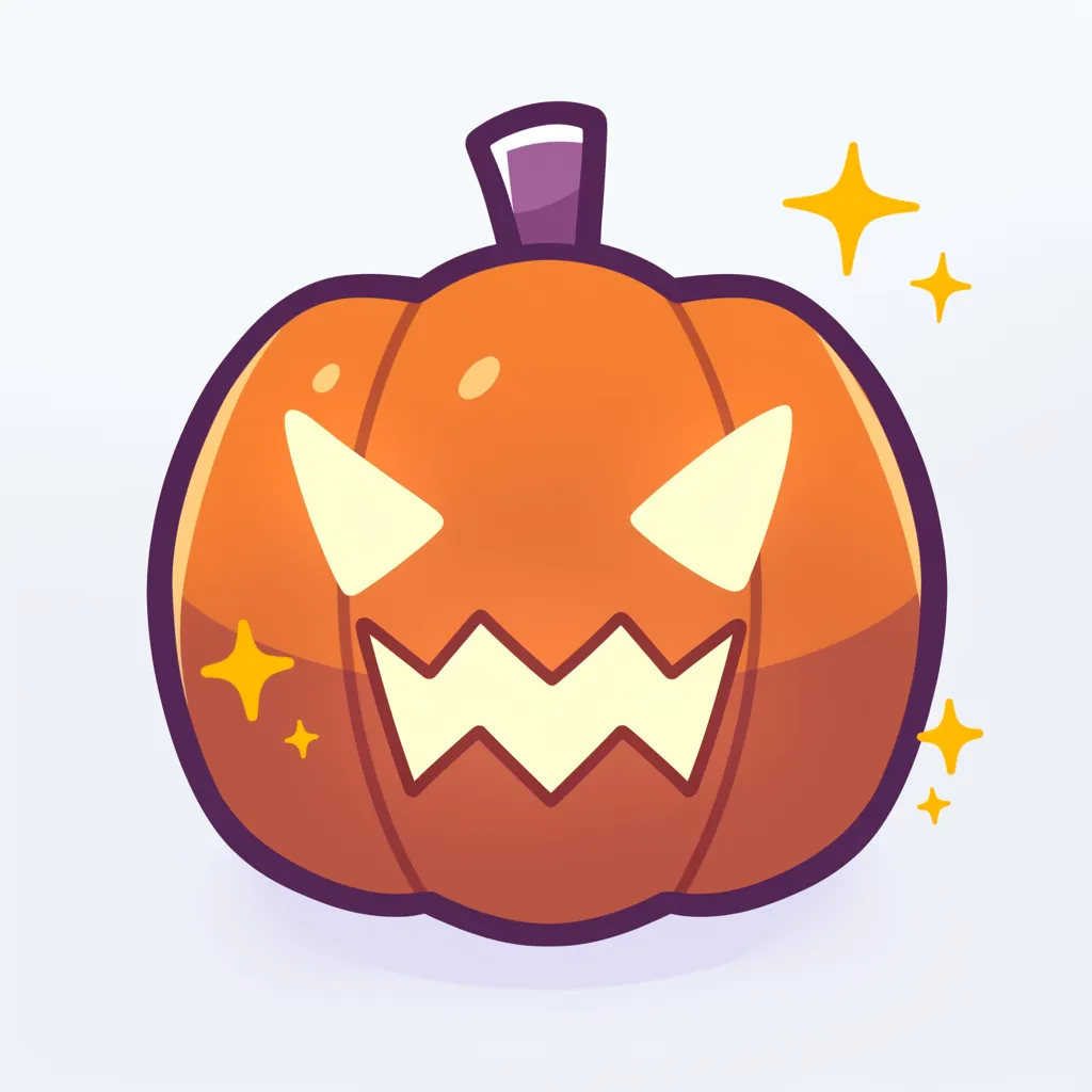 ハロウィンランタンとキラキラ魔顔カボチャ｜紫の縁取りが効いた大胆な表情のカボチャが印象的なハロウィンランタン。ギザギザの口と光る目が魔物のようで、ポップで華やかなホラー演出がなされている。