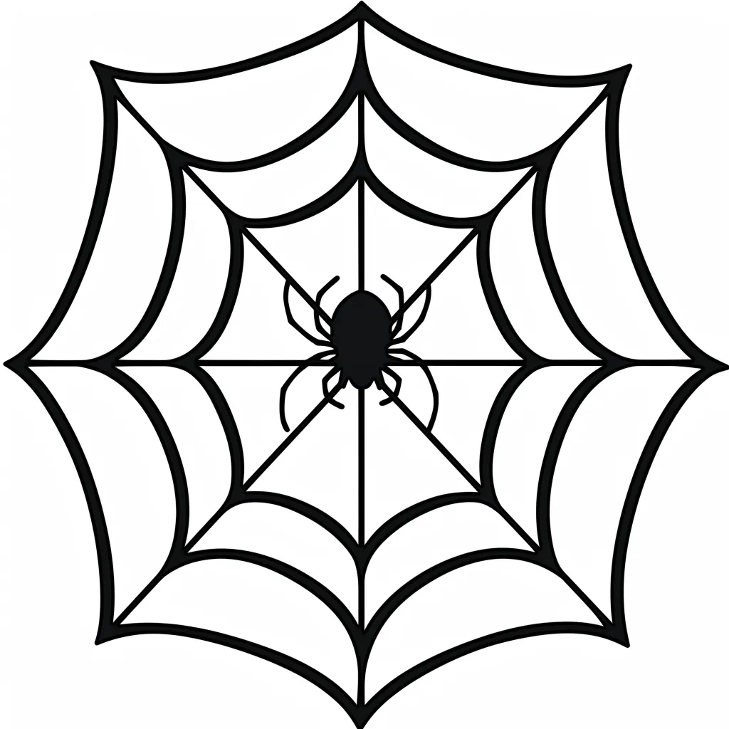 ハロウィン蜘蛛の巣と中心の黒蜘蛛｜六角形に近い放射状の糸と中央に小さな黒い蜘蛛が描かれたシンプルな構成のハロウィン蜘蛛の巣。太めの黒線がポップでアイコン風な印象を与える。