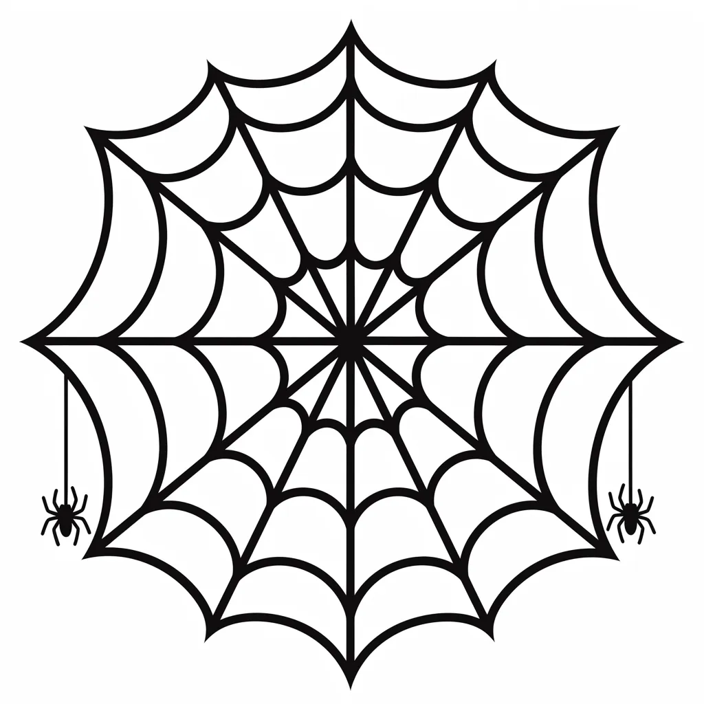ハロウィン蜘蛛の巣とぶら下がり蜘蛛｜左右に小さな蜘蛛が糸でぶら下がっている装飾的な構成のハロウィン蜘蛛の巣。シンメトリーな網目が整然とした印象で、イベント装飾にも適する。