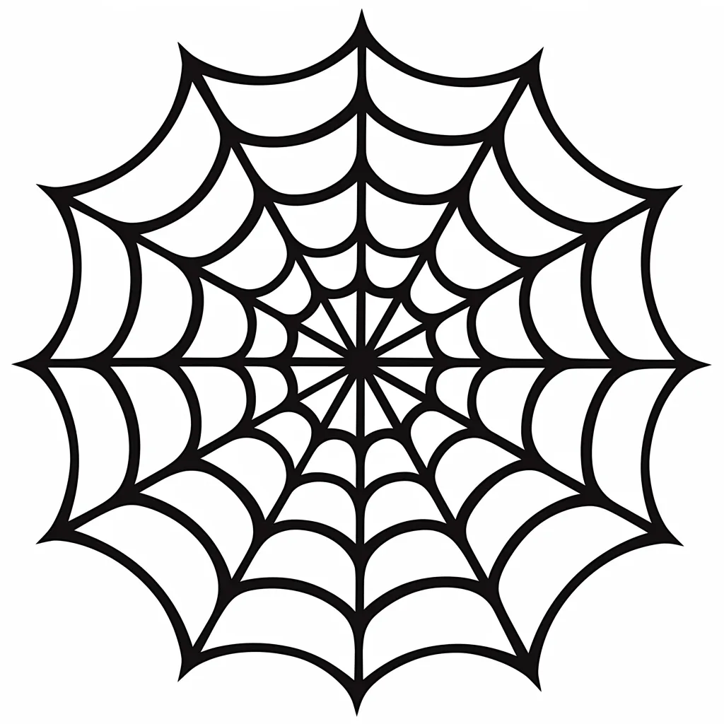 ハロウィン蜘蛛の巣と同心円パターン｜中心から放射状に広がる均整の取れた蜘蛛の巣が広がり、全体が美しい円形を描く。モノクロながら視覚的インパクトがある洗練されたスタイル。