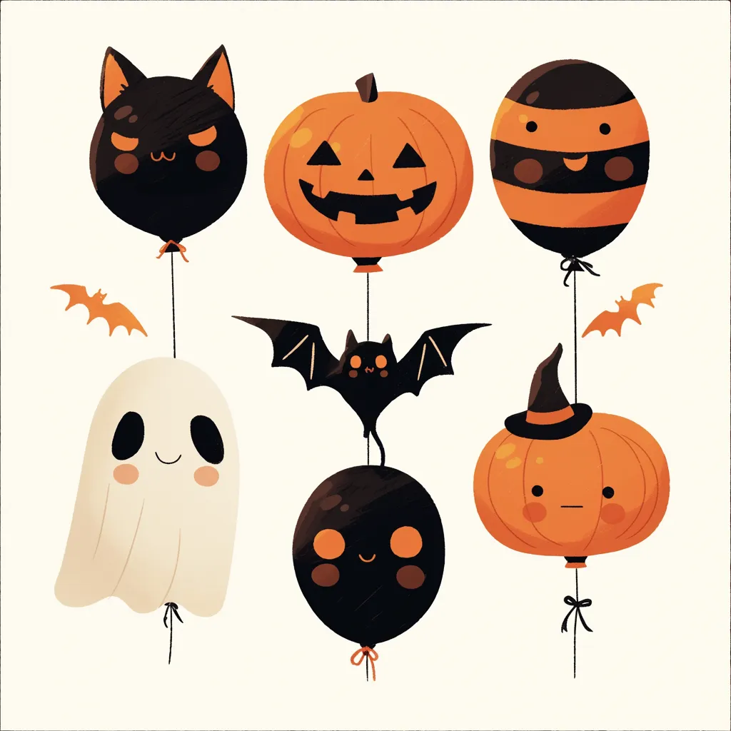 ハロウィン風船とキャラ集合バルーン｜黒猫・カボチャ・ゴースト・コウモリなど、定番キャラクターが風船にアレンジされたハロウィン風船。全体的に丸く可愛いシルエットで、親しみやすく賑やかな雰囲気。