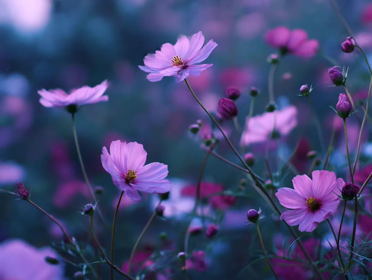 10月花写真・夕暮れに揺れるピンクコスモス｜青紫がかった背景に映えるピンクのコスモスたちが、秋の夕暮れを彩る一枚。静けさとやさしさが漂う叙情的な写真です。