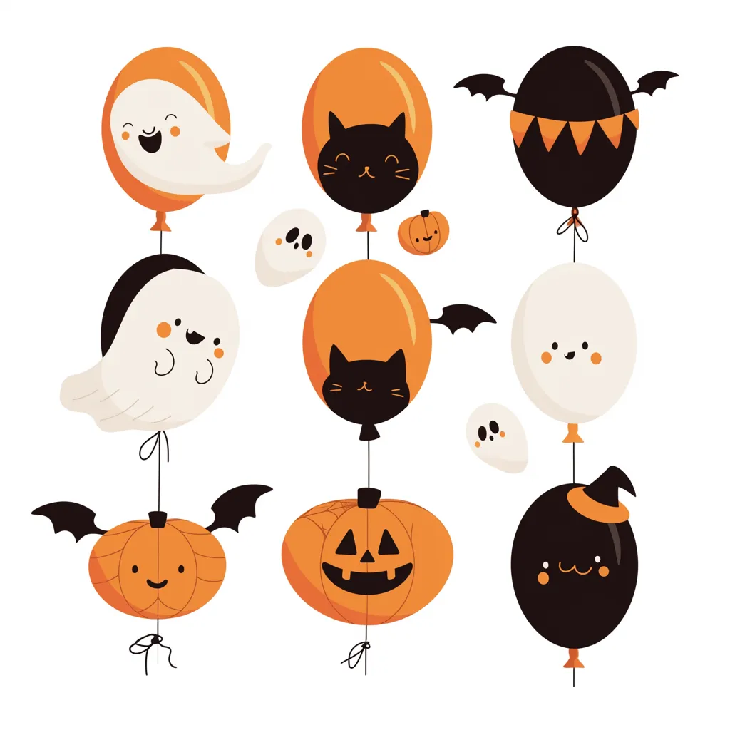 ハロウィン風船とふわふわバルーンたち｜ゴーストや黒猫、ジャックオーランタンの顔を模した風船たちがにぎやかに浮かぶハロウィン風船。白・オレンジ・黒のバランスがよく、柔らかい色使いで優しい印象。