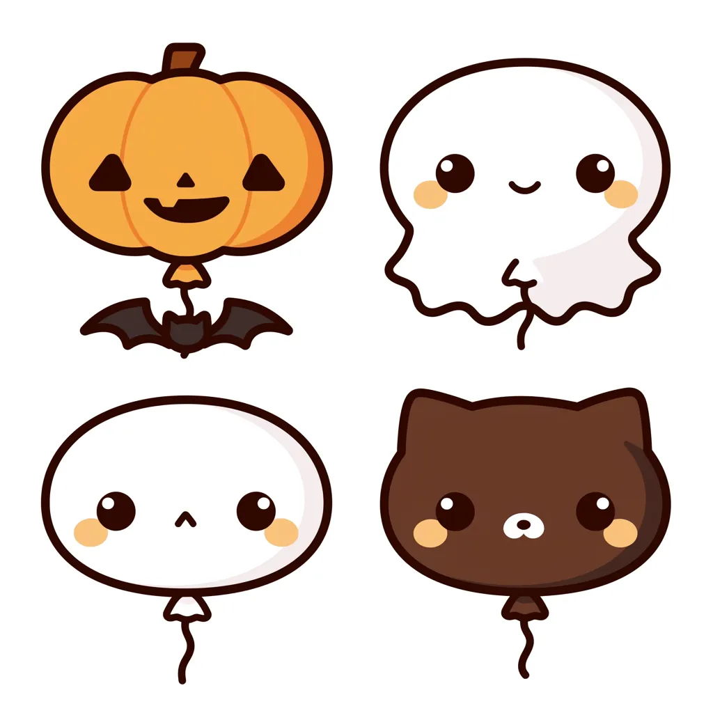 ハロウィン風船とミニキャラバルーン｜小さなキャラクターたちがデフォルメされた風船に変身したハロウィン風船。シンプルな線とつぶらな瞳が特徴で、手描き感のあるあたたかみを感じさせる。