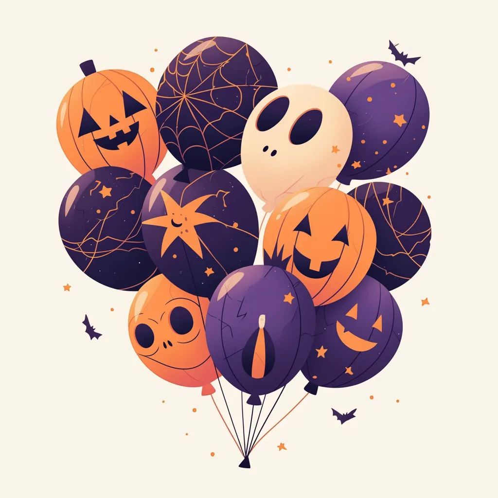 ハロウィン風船とパーティー集合バルーン｜ゴースト・星・パンプキンなど多彩な風船がまとまり、パーティー感満載のハロウィン風船。紫とオレンジのバランスが華やかで、装飾としても映える構成。