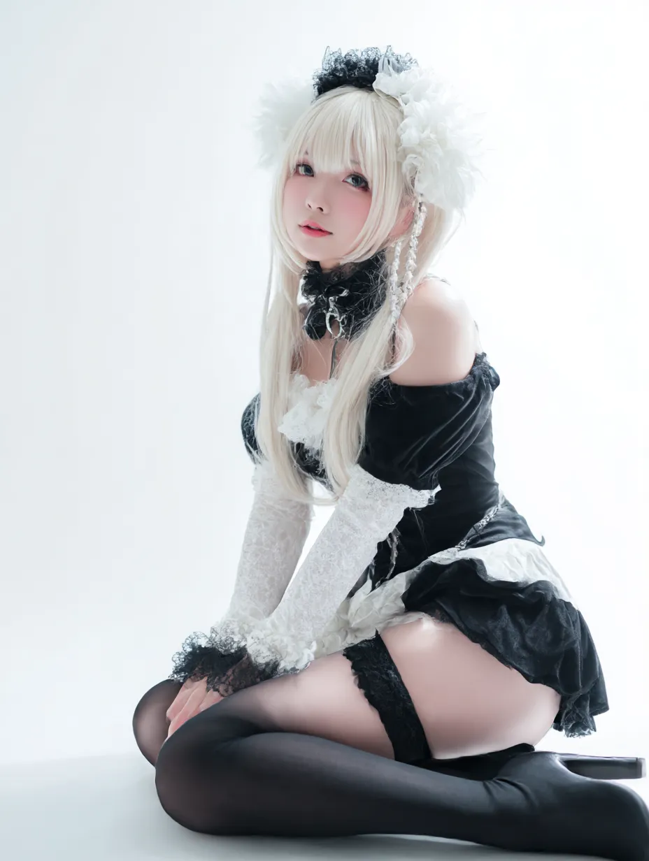 かわいいハロウィンコスプレ写真と白黒メイド姿｜白と黒のクラシカルなメイド衣装を着たキャラクターが、ふわふわの髪飾りとレースのディテールで上品さと可憐さを演出。清楚で幻想的な雰囲気が漂う一枚。