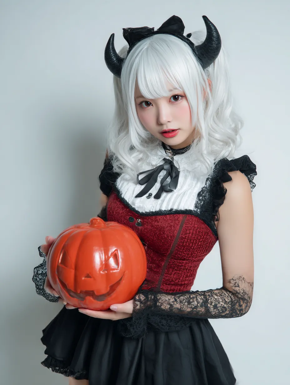 かわいいハロウィンコスプレ写真と小悪魔ツインテール｜白髪ツインテールに黒い角カチューシャを合わせ、赤と黒のゴシック衣装が特徴的な小悪魔風コスプレ。パンプキンを抱えてキュートかつダークな魅力を放つ。