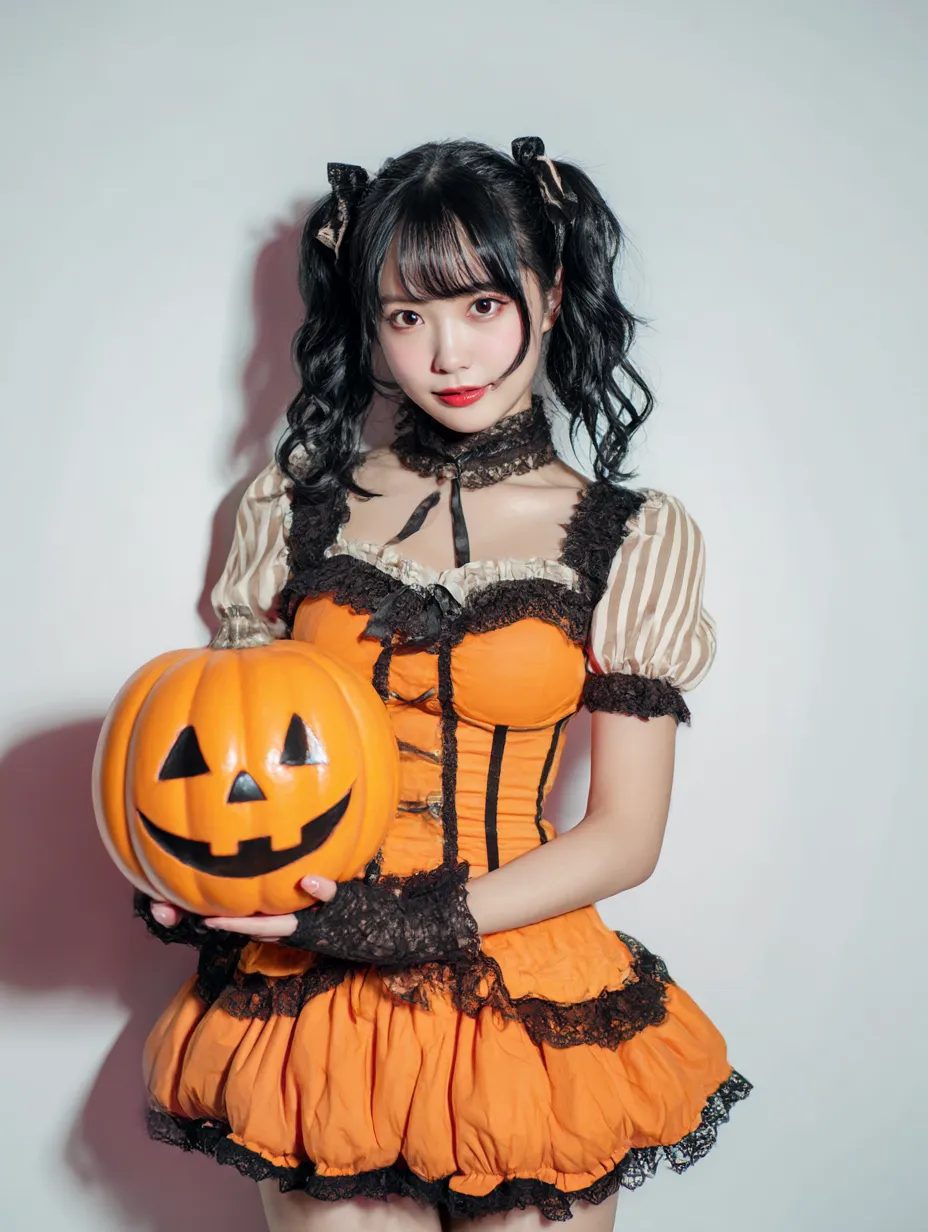 かわいいハロウィンコスプレ写真とオレンジワンピース｜鮮やかなオレンジのドレスと黒レースが印象的なパンプキンガール風コスプレ。ボリューム感あるスカートと元気な表情がハロウィン気分を高める華やかな1枚。