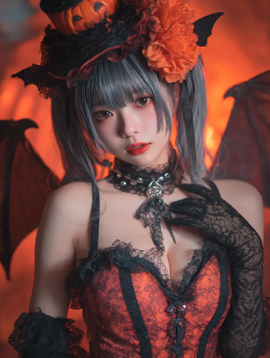 かわいいハロウィンコスプレ写真と悪魔風ゴシック衣装｜赤と黒のレースをまとい、こうもり羽やジャック帽子など豪華な装飾が施された小悪魔風コーデ。背景のオレンジ光が幻想的で、妖しさと艶やかさが際立つ。