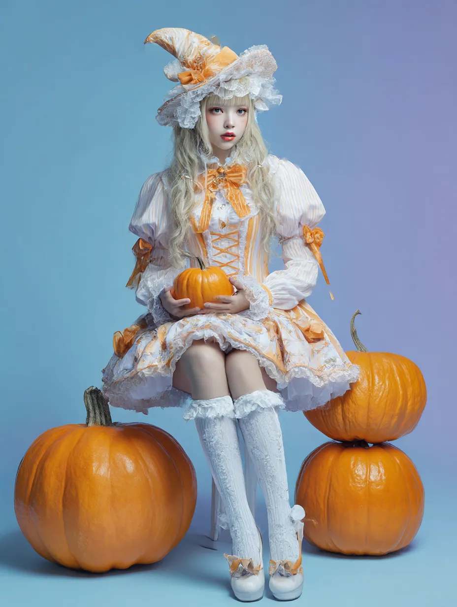 かわいいハロウィンコスプレ写真と白魔女スタイル｜パステル調のオレンジ×ホワイト衣装とフリルが印象的な魔女コスプレ。パンプキンに囲まれながらも透明感のある雰囲気で、おとぎ話の世界観を感じさせる。