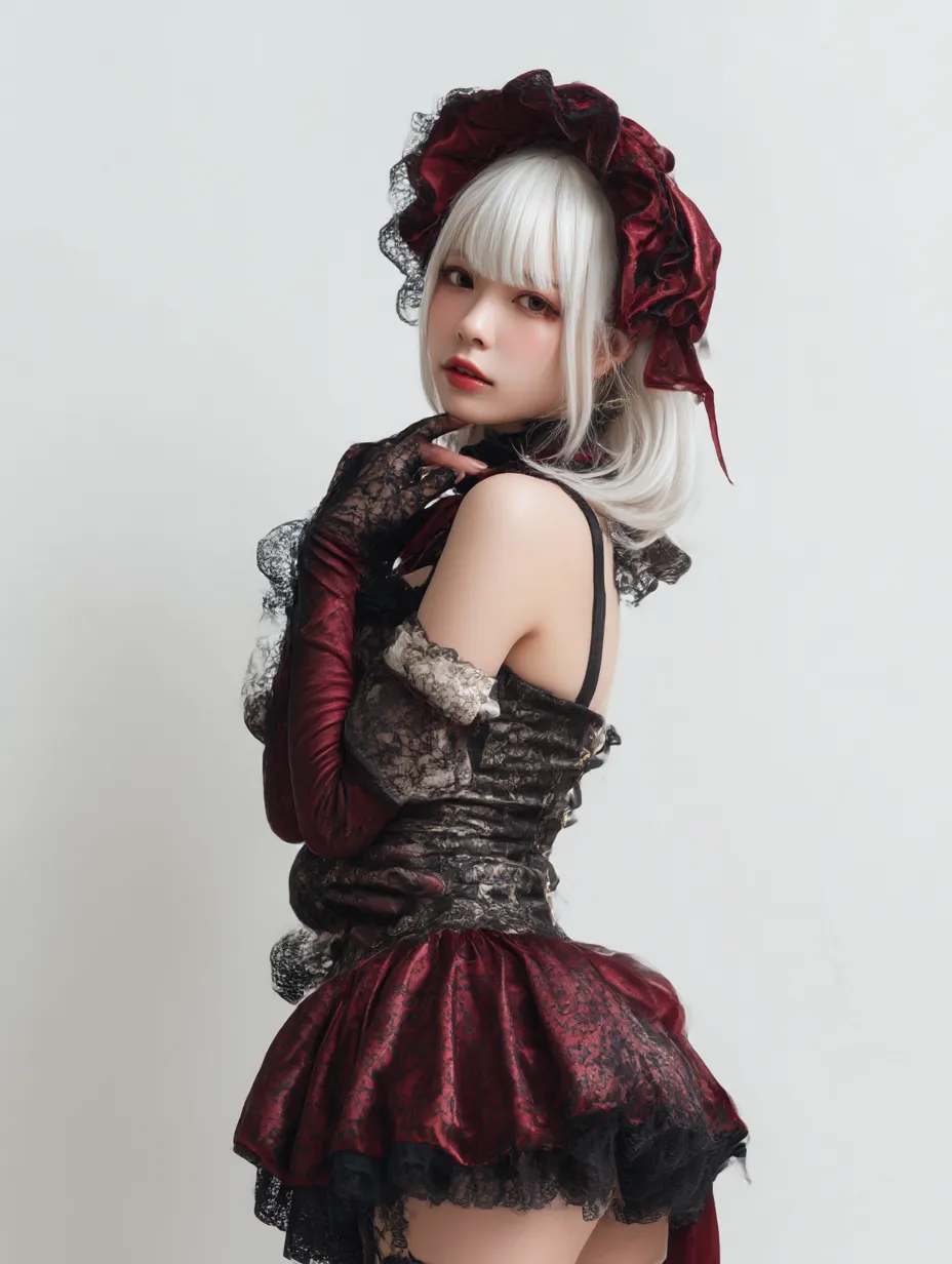 かわいいハロウィンコスプレ写真とレトロ風ロリータ｜深紅のヘッドドレスと黒レースドレスで構成された、クラシカルで妖艶なロリータ風コスプレ。やや挑発的なポージングが、大人びた可愛さを引き立てる。