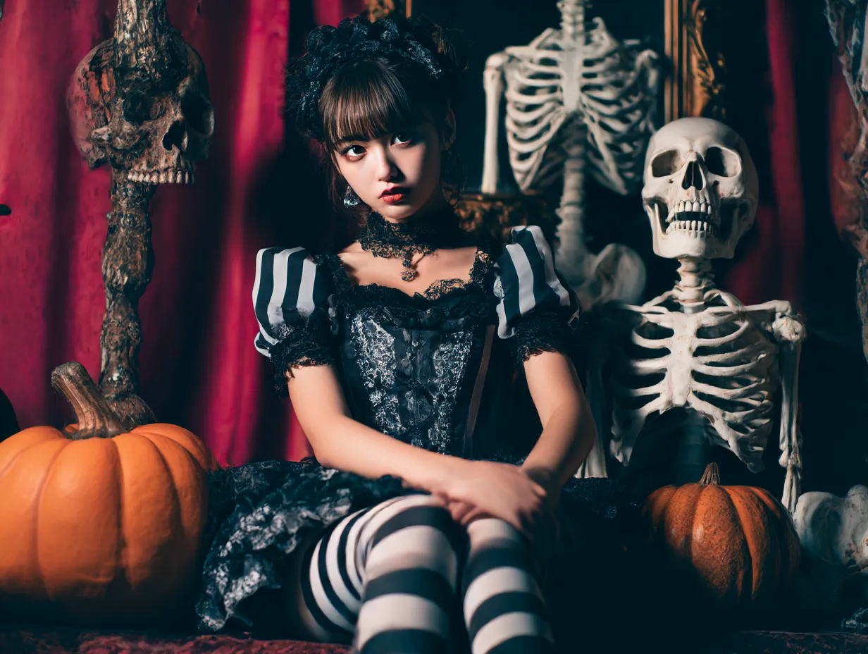 かわいいハロウィンコスプレ写真とゴシックホラー調衣装｜骸骨やパンプキンに囲まれ、黒とストライプが映える衣装で演出されたダークな世界観。ホラーな小道具と対比する少女の表情が物語性を感じさせる1枚。