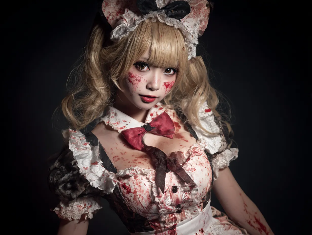 かわいいハロウィンコスプレ写真と血まみれメイド服｜血しぶきが飛んだようなメイド服を身にまとい、ダークな背景で不気味な可愛さを演出。ホラーとキュートが融合したゾンビメイド風コスプレが印象的。