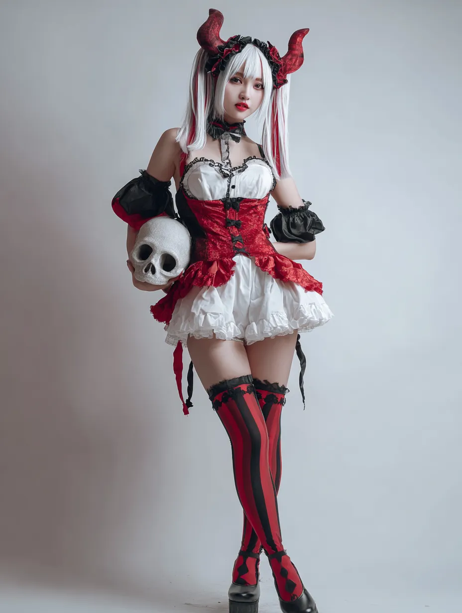 かわいいハロウィンコスプレ写真とスカル持ち小悪魔｜赤黒のビスチェに角カチューシャ、髑髏小道具を手にした小悪魔風コーデ。白髪ツインテとストライプのニーハイが視線を惹き、ダークキュートな魅力を放つ。
