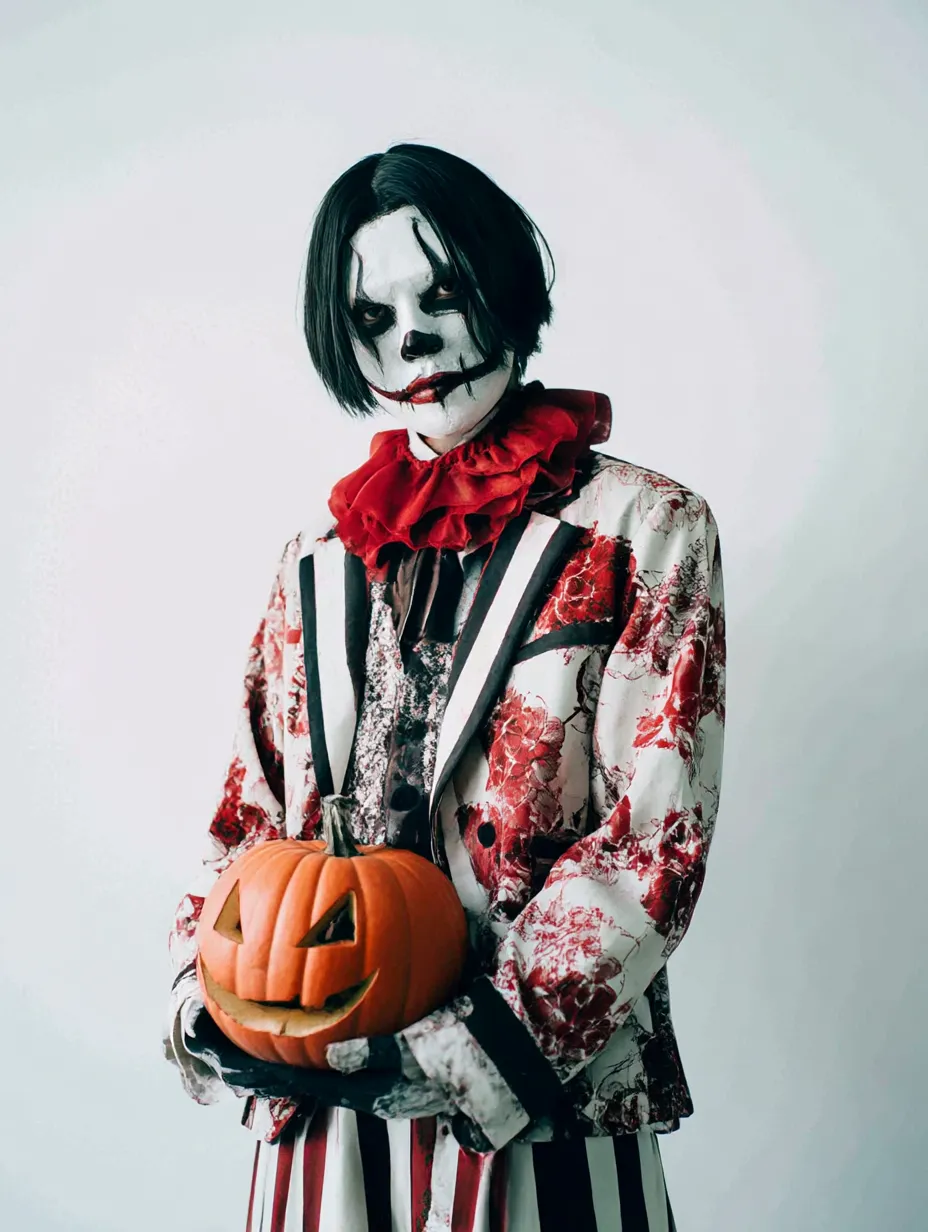 かっこいいハロウィンコスプレ写真・カボチャとピエロの融合｜白黒の縞模様と真紅のアクセントが特徴のピエロ衣装に、ジャックオランタンを手にした演出。ポップさと不気味さが絶妙に調和する、クラシックホラー調コスプレ。