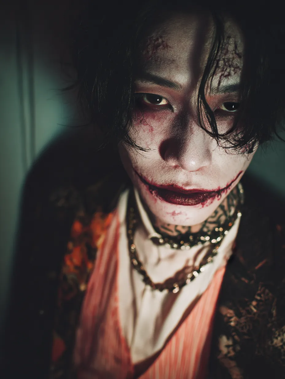 かっこいいハロウィンコスプレ写真・狂気の笑顔メイク男子｜顔全面に施された裂けたようなメイクと暗がりの照明が、猟奇的で妖しい雰囲気を演出。ゴシック系の衣装と血のようなメイクが相まって、闇の魅力を引き出すコスチューム。