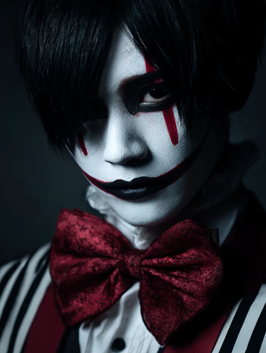 かっこいいハロウィンコスプレ写真・赤リボンの不気味ピエロ｜真紅の大きなリボンと整ったモノトーン衣装が、整然とした美しさと狂気の表情を両立。照明のコントラストも映える、洗練された不穏系ホラールック。