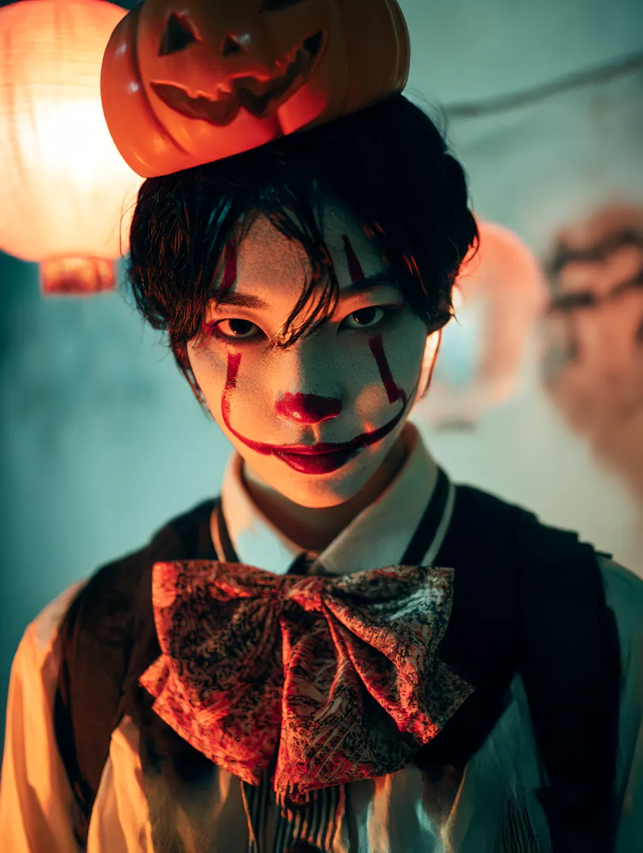 かっこいいハロウィンコスプレ写真・ランタンピエロの妖しい視線｜頭のカボチャランタンと赤いメイクが特徴的なピエロ仮装。暖色照明に照らされた夜のシーンが怪しさを増し、ユーモアと恐怖が混在する幻想的な世界観を描く。