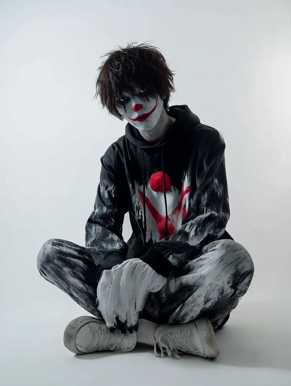 かっこいいハロウィンコスプレ写真・スプレー風メイクのストリート系｜黒地に赤白の塗料が飛び散ったようなフーディとパンツ、無造作ヘアとカジュアルな姿勢が印象的。ストリートテイストとホラー演出が融合したスタイルが斬新。