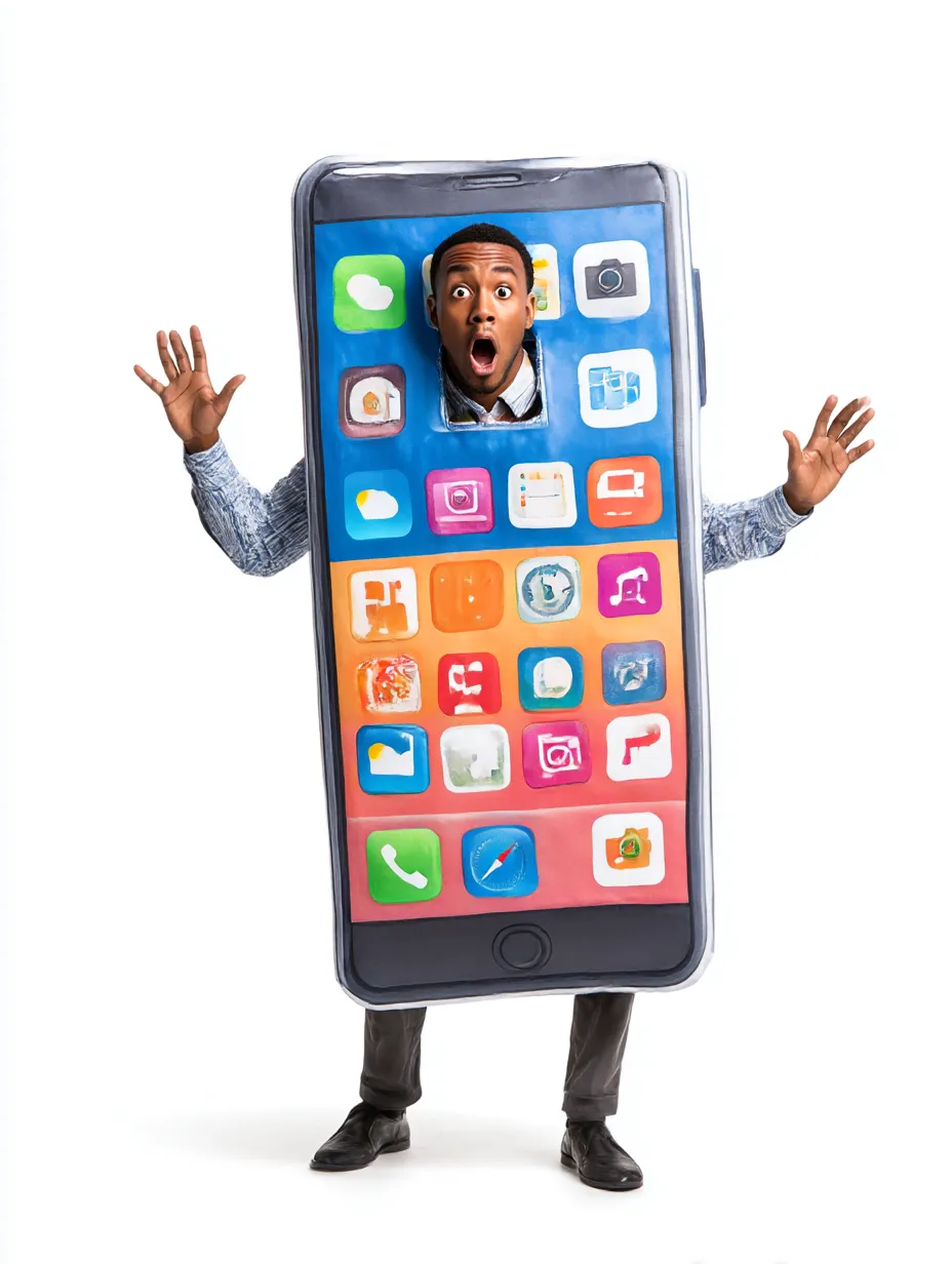 面白いハロウィンコスプレ写真・スマホマン｜巨大スマホに顔が飛び出したようなユニークなコスチューム。アプリ風の装飾がカラフルでポップな印象を与え、驚いた表情と組み合わせることで視覚的な楽しさが際立つ。