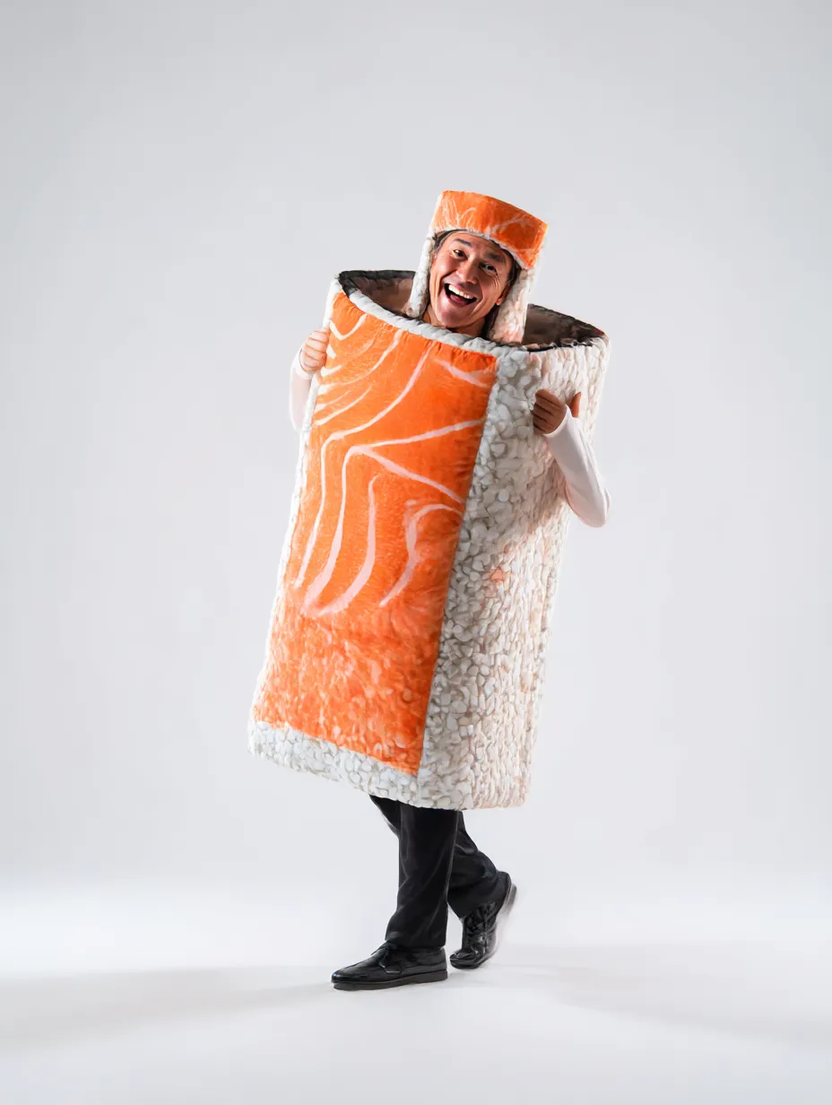 面白いハロウィンコスプレ写真・巻き寿司ボディ｜巻き寿司の具材に包まれたような肉厚なコスチューム。サーモン柄のリアルな質感と大きな笑顔が、明るく楽しいお寿司ユーモアを際立たせている。