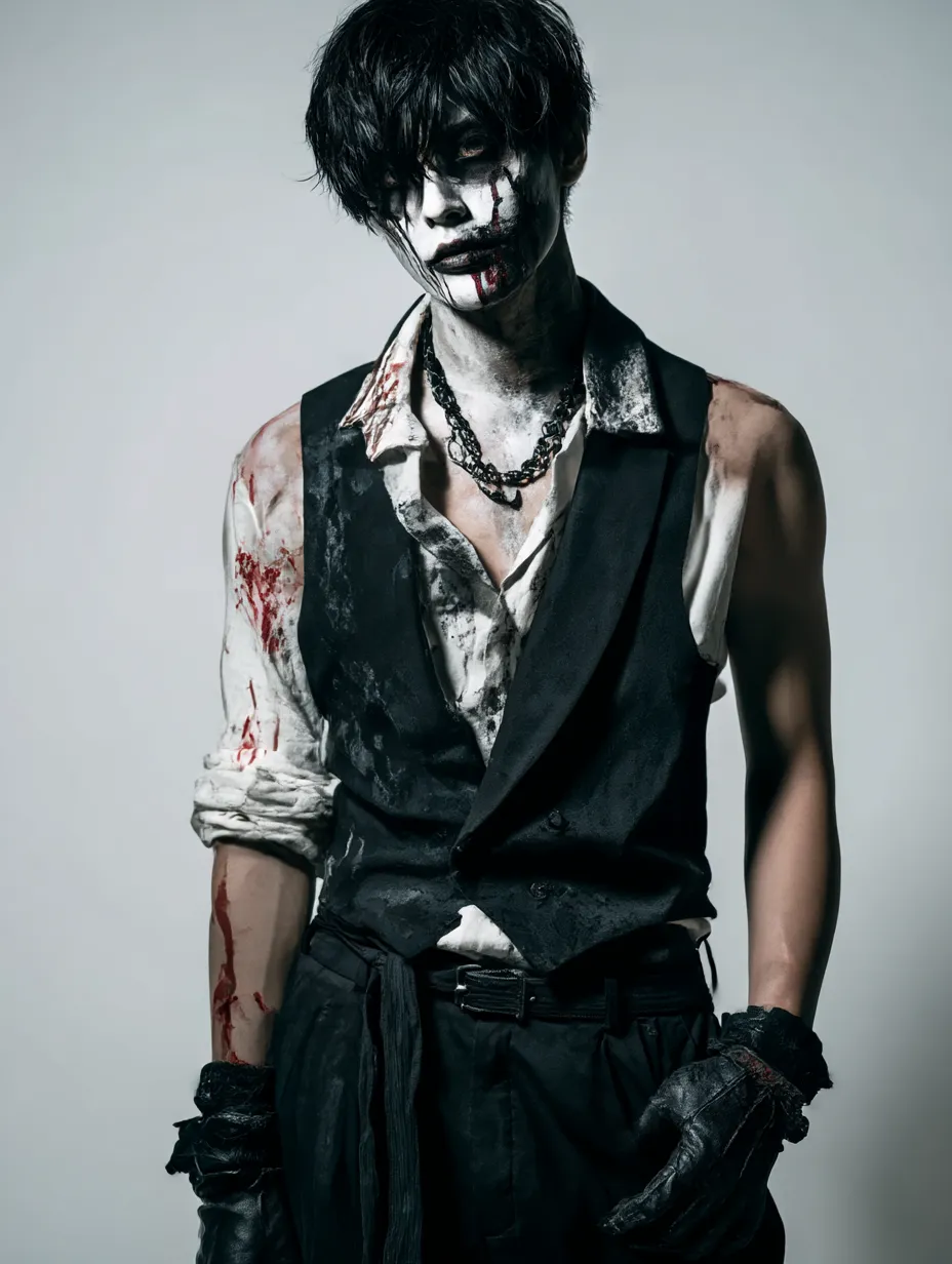血まみれピエロの男ハロウィンコスプレ写真｜白塗りメイクに血のりが加わり、不気味で哀愁漂うピエロのようなホラースタイル。ボロボロの衣装と黒手袋が退廃的な雰囲気を引き立てるダークヴィジュアル。