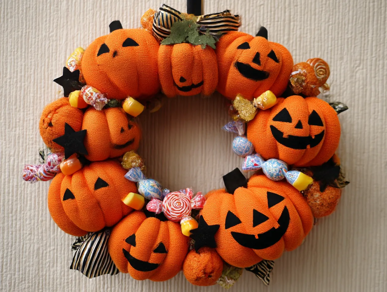 ハロウィンリース写真・布製かぼちゃリース｜布製のかぼちゃとキャンディで構成されたリースは、温かみのある手作り感とレトロな雰囲気が魅力。テクスチャーの豊かさが秋らしさを演出しています。