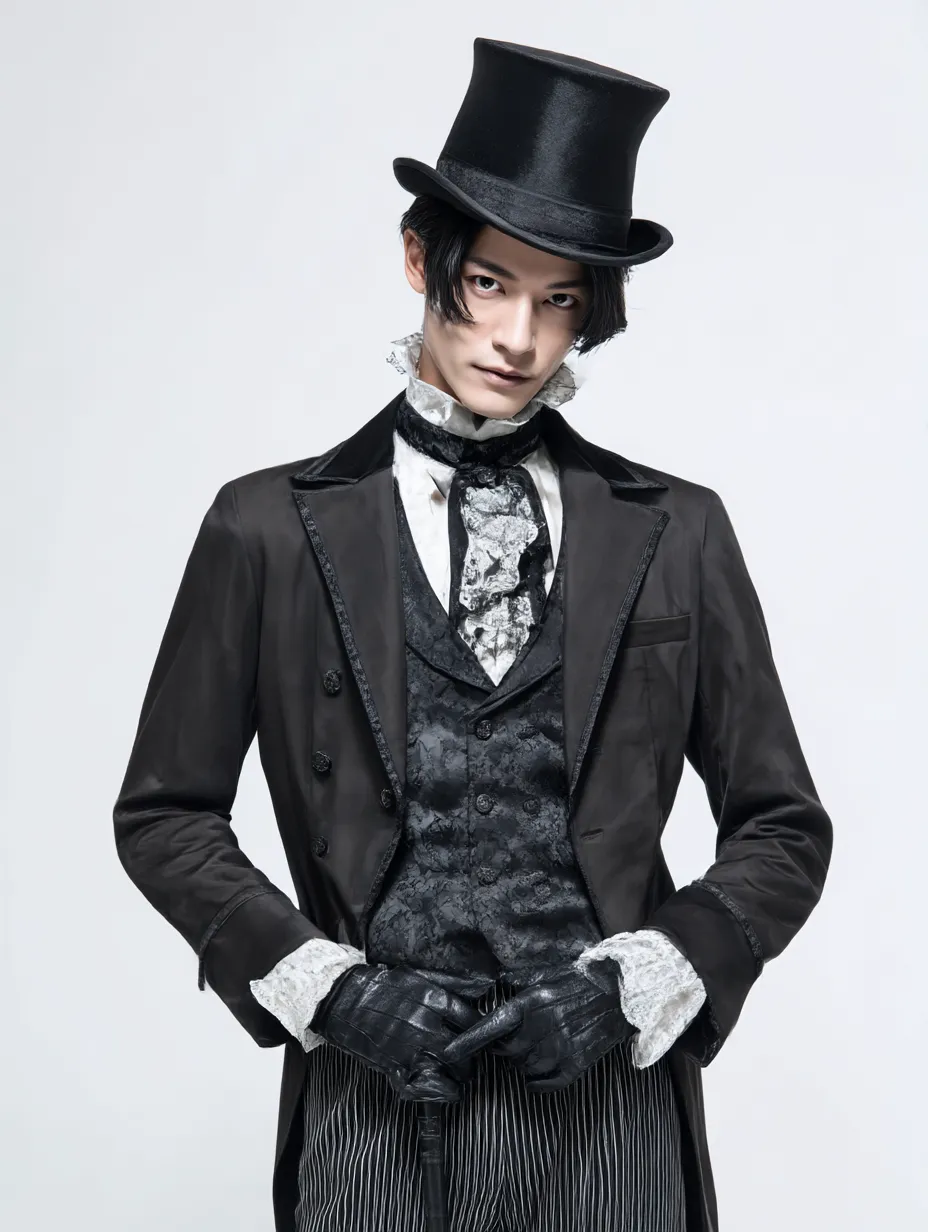 シルクハット紳士の男ハロウィンコスプレ写真｜ヴィクトリア調のフリルシャツにシルクハット、レース手袋まで揃えたクラシックな吸血鬼風。ダンディさとミステリアスさを醸し出す洗練された衣装。
