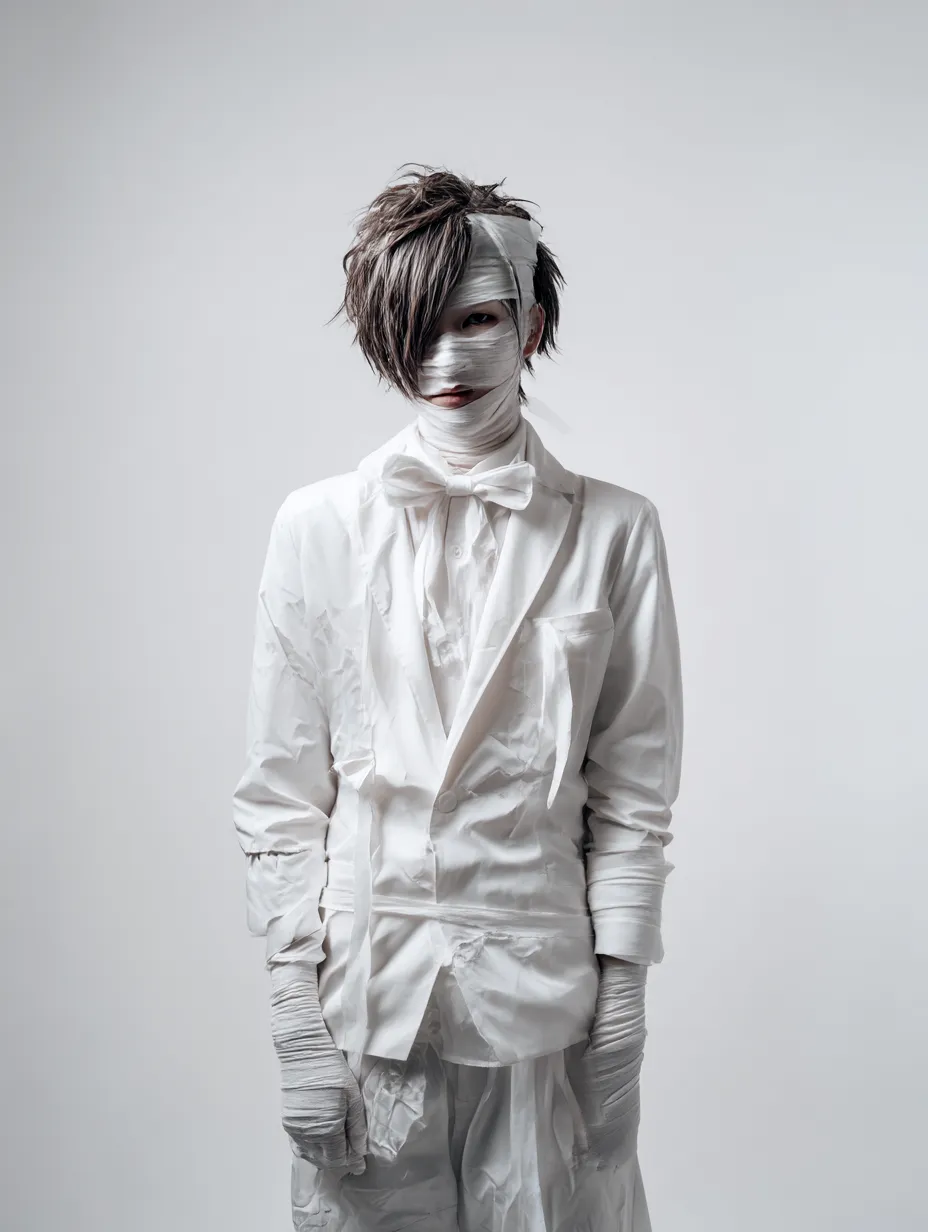 包帯ミイラ紳士の男ハロウィンコスプレ写真｜全身白衣と包帯で巻かれた姿が印象的なミイラ風。非現実的な白の統一感と不気味な視線が、静かな恐怖を感じさせる幻想的なビジュアルが魅力。