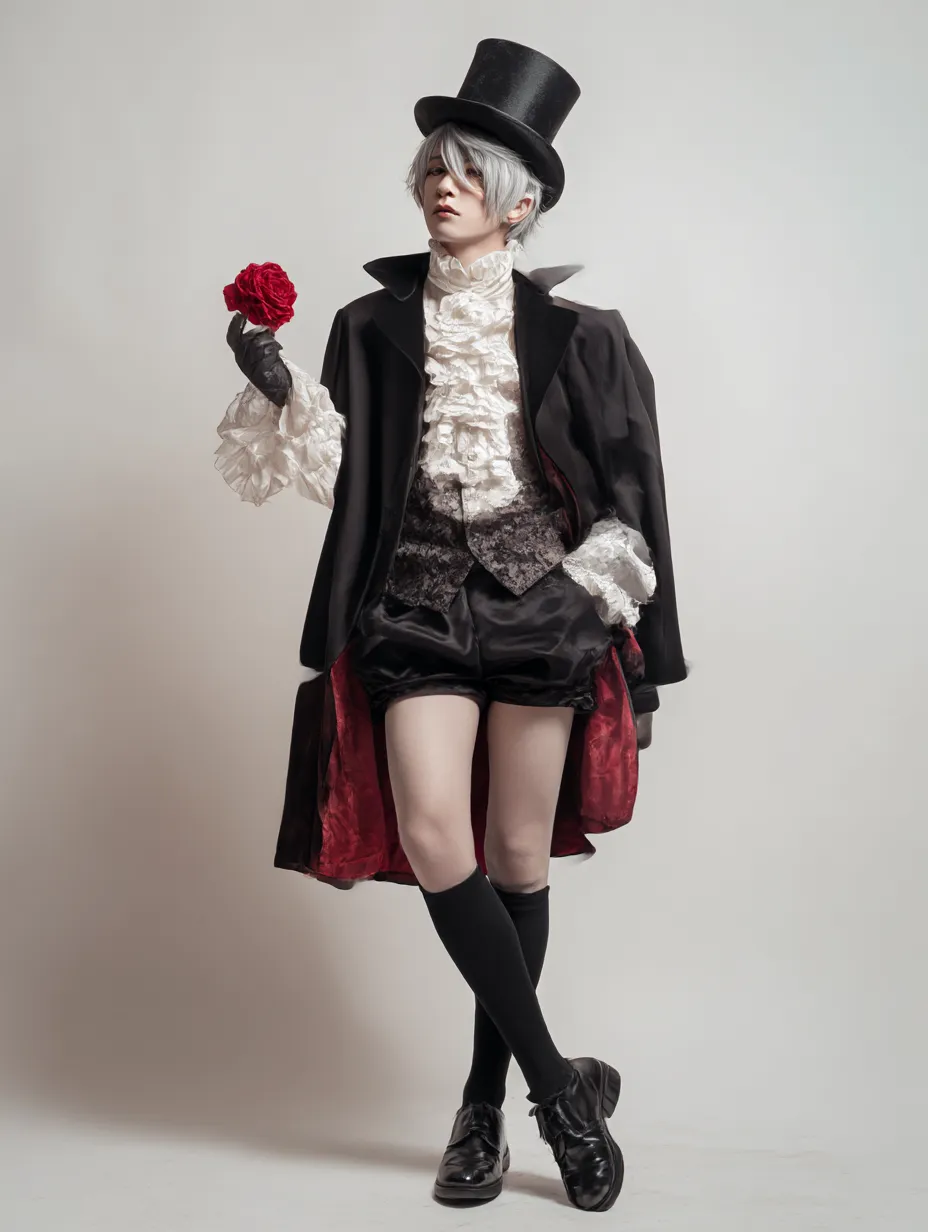 フリル貴族の薔薇紳士男ハロウィンコスプレ写真｜薔薇を手にした銀髪貴族風キャラ。豪華なフリル衣装とシルクハット、クラシカルなケープが、ロマンティックかつ吸血鬼風の優雅なハロウィン演出に最適。