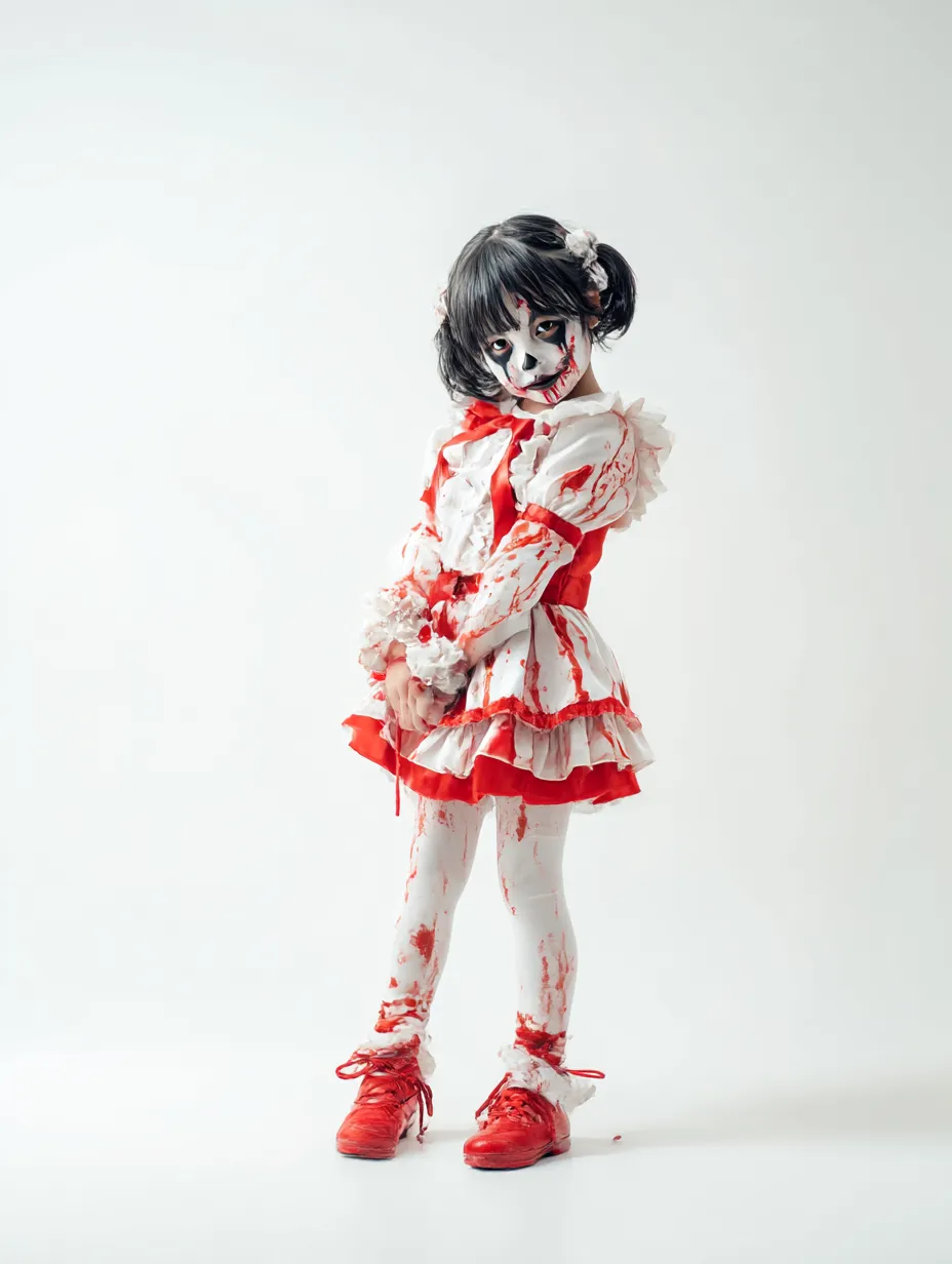 血まみれドールの子供ハロウィンコスプレ写真｜白と赤のゴシックドレスに全身血のりをあしらい、狂気とかわいらしさが交錯する人形風ホラー。メイクと配色がインパクト抜群のアートな一枚。