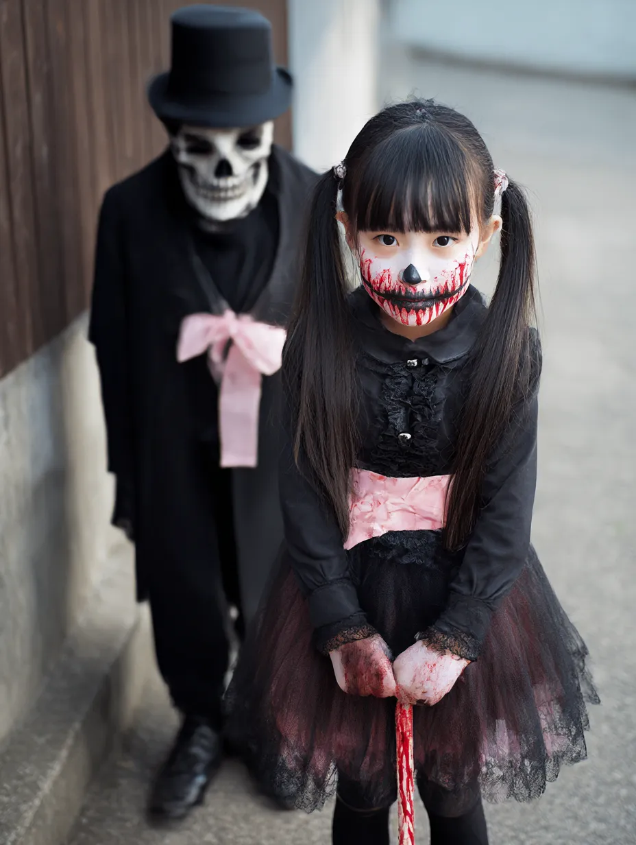 ダークメルヘン少女の子供ハロウィンコスプレ写真｜血に濡れた手と黒いドレスが印象的なホラー調。背後の骸骨紳士との対比が、絵本の中の怪奇シーンのような不気味な世界観を強調している。
