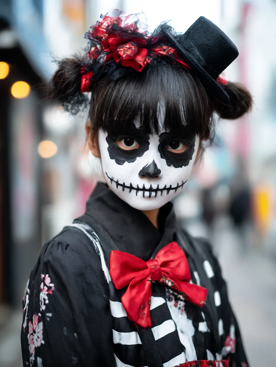 ドクロメイクの子供ハロウィンコスプレ写真｜顔全面に施されたドクロメイクに赤と黒のアクセが映える、ゴシック×キュートなハロウィンスタイル。髪飾りや衣装も細部まで華やか。