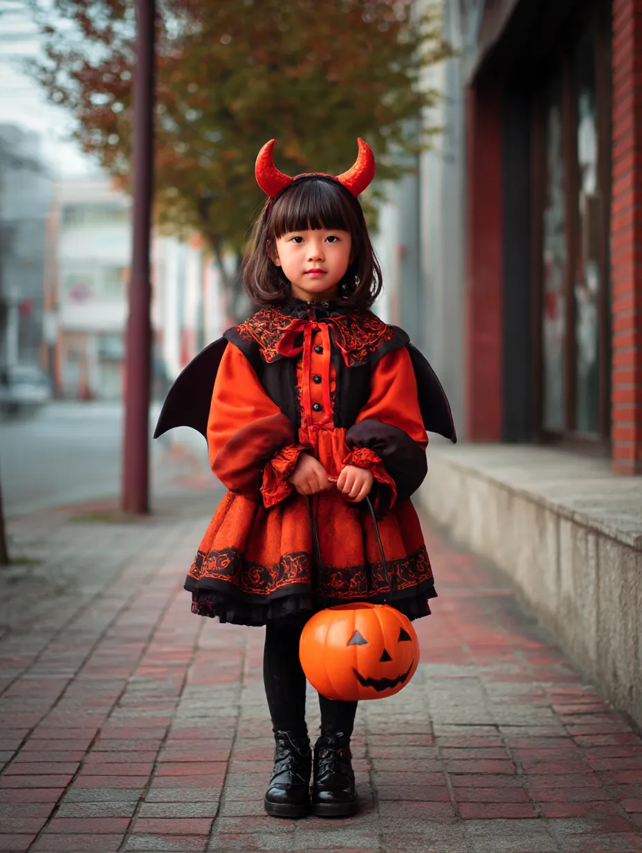 赤い小悪魔の子供ハロウィンコスプレ写真｜赤と黒のドレスにツノと羽を合わせた定番のデビル風仮装。パンプキンバケツを持った姿が、可愛さと悪戯心を絶妙に融合させている。