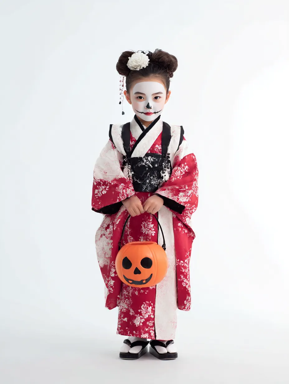 和風骸骨少女の子供ハロウィンコスプレ写真｜赤白の着物にスカルメイクを合わせた和洋折衷スタイル。細やかな髪飾りと表情の静けさが、幽玄かつ可憐な雰囲気を漂わせる一枚。