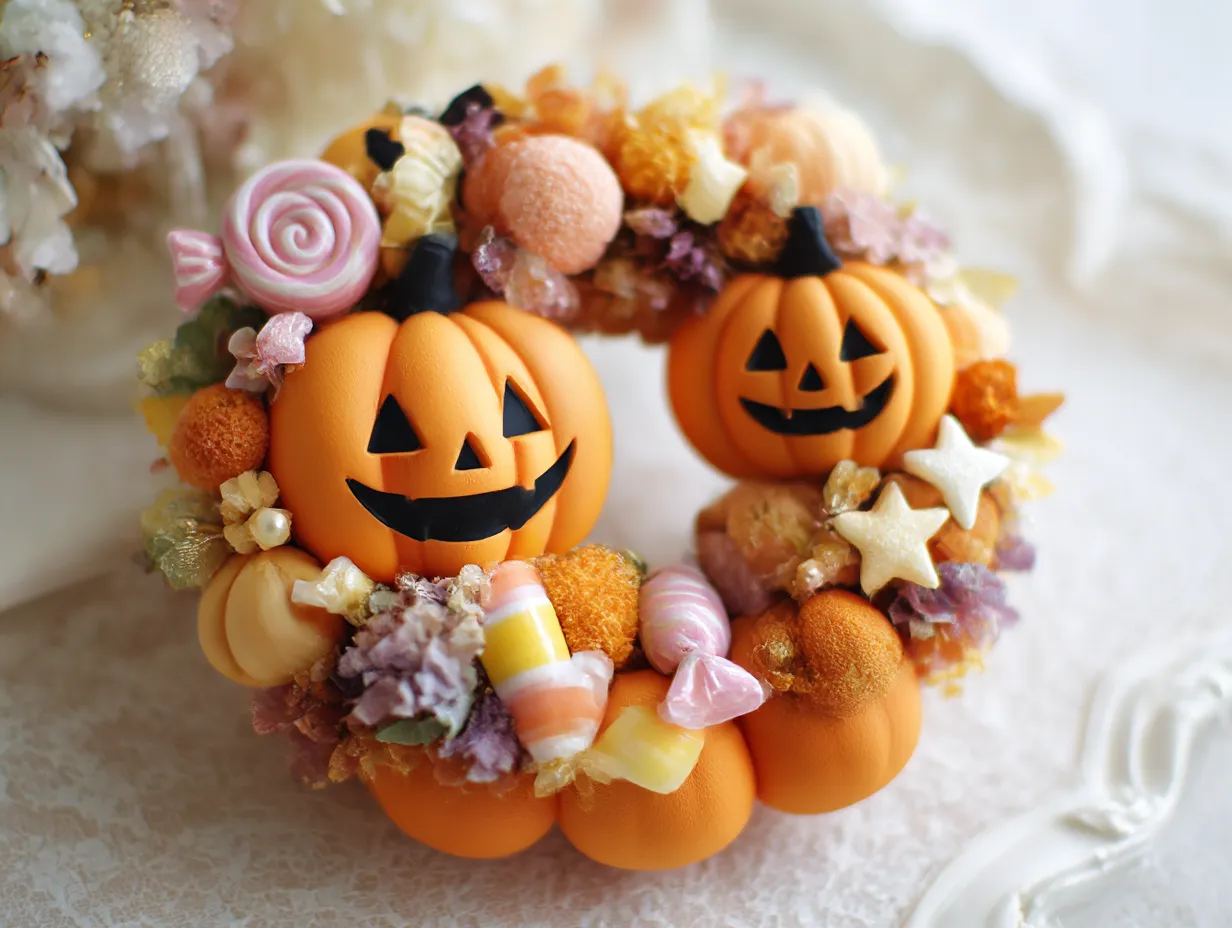 ハロウィンリース写真・ソフトマットかぼちゃリース｜パステル調のかぼちゃとお菓子が優しく彩るリースは、淡い色合いと柔らかな質感が可愛らしく、ナチュラルなインテリアに溶け込みます。