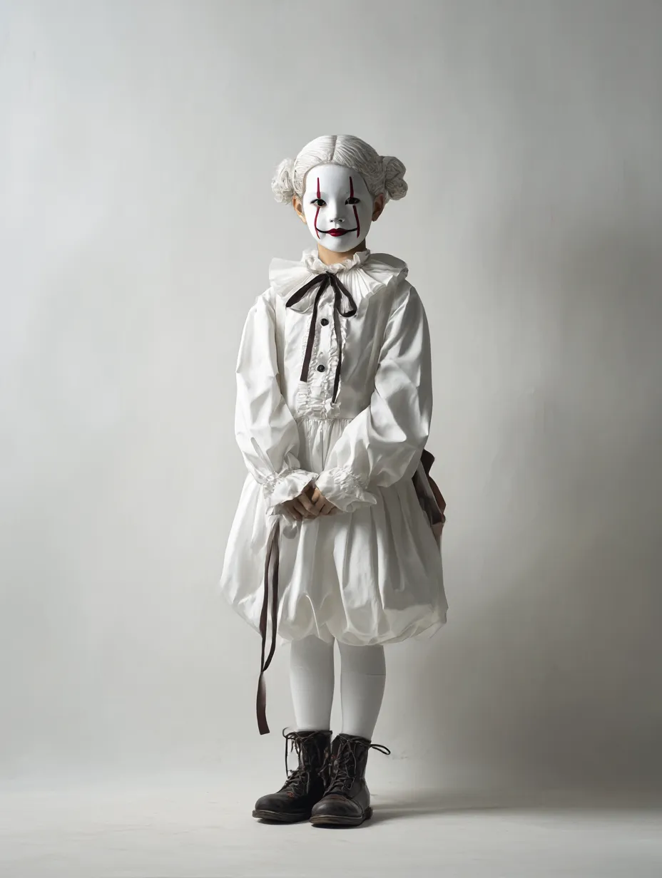 白ピエロ風少女の子供ハロウィンコスプレ写真｜クラウンメイクを施した白衣装の少女が静かに佇むシュールな演出。バルーンのようなドレスが不思議な夢の世界を連想させるモダンホラー調。