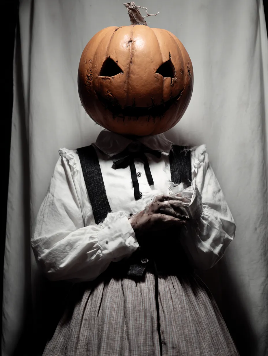 カボチャ頭の少女ハロウィンゾンビ写真｜巨大なジャックオーランタンをかぶった異形の少女。古風なブラウスとスカートに泥と闇がまとわりつき、静謐で異質なホラー世界を作り上げている。