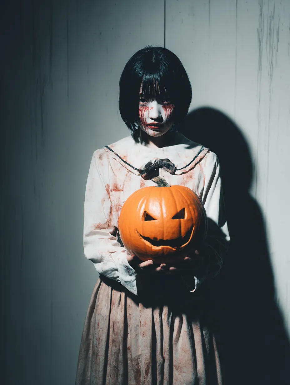血涙少女とカボチャのハロウィンゾンビ写真｜血の涙を流す白塗りの少女がカボチャを抱える構図。陰影が効いた照明とセーラー服風ドレスが不穏な美しさを醸し出すアングラ系ホラー演出。