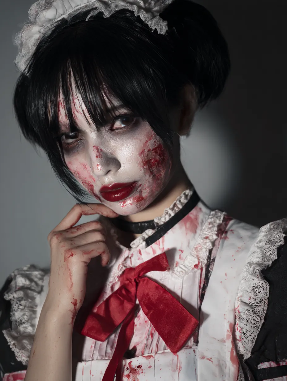 メイドゾンビのハロウィンゾンビ写真｜フリル付きメイド服に血まみれのメイクを施した姿が衝撃的。レトロとグロテスクが交錯し、背筋の凍るような恐怖と魅惑の視線が印象的。