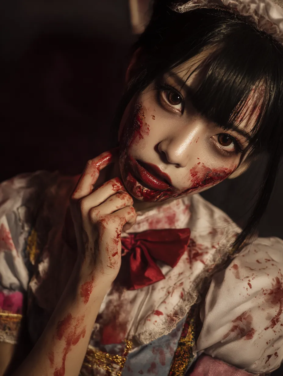 吸血メイド風ゾンビのハロウィンゾンビ写真｜血濡れた口元と退廃的な視線がゾンビの狂気を際立たせる。クラシカルなメイド衣装とダークトーンのライティングで退廃的ゴシック感が強調される。