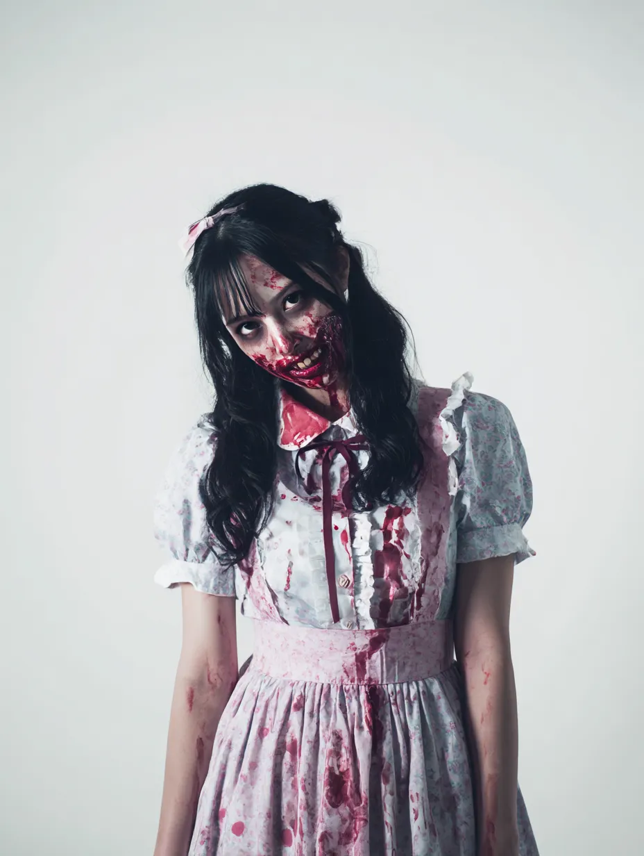 病みドール風ゾンビのハロウィンゾンビ写真｜血で汚れた花柄ワンピースに不気味な笑みを浮かべた姿が印象的。甘ロリテイストとゾンビメイクのギャップが独特の狂気を表現。