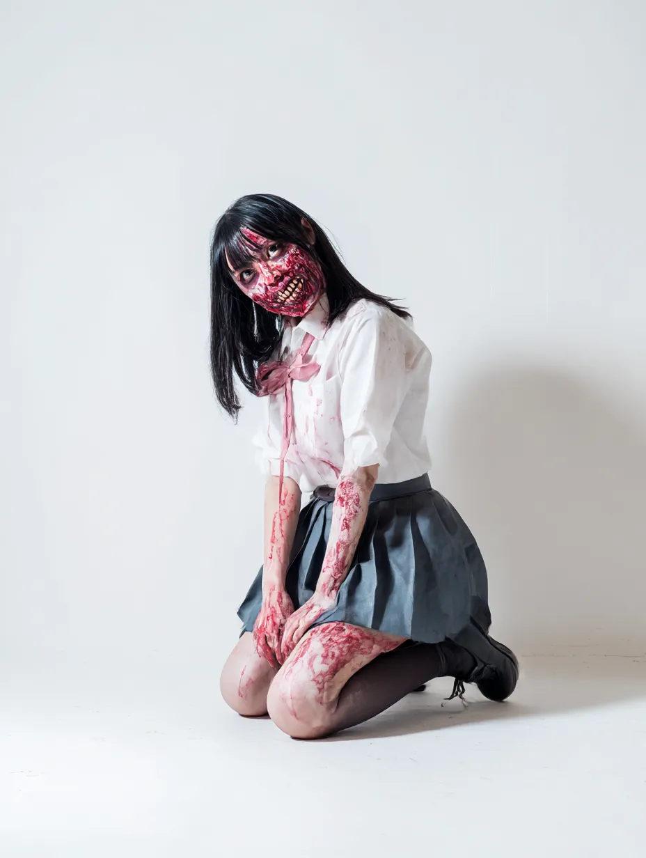 制服ゾンビ少女のハロウィンゾンビ写真｜セーラー服姿の少女が膝をついて不気味に微笑む構図。露出したゾンビメイクがリアルで、ホラー映画のワンシーンのような迫力を持つ。