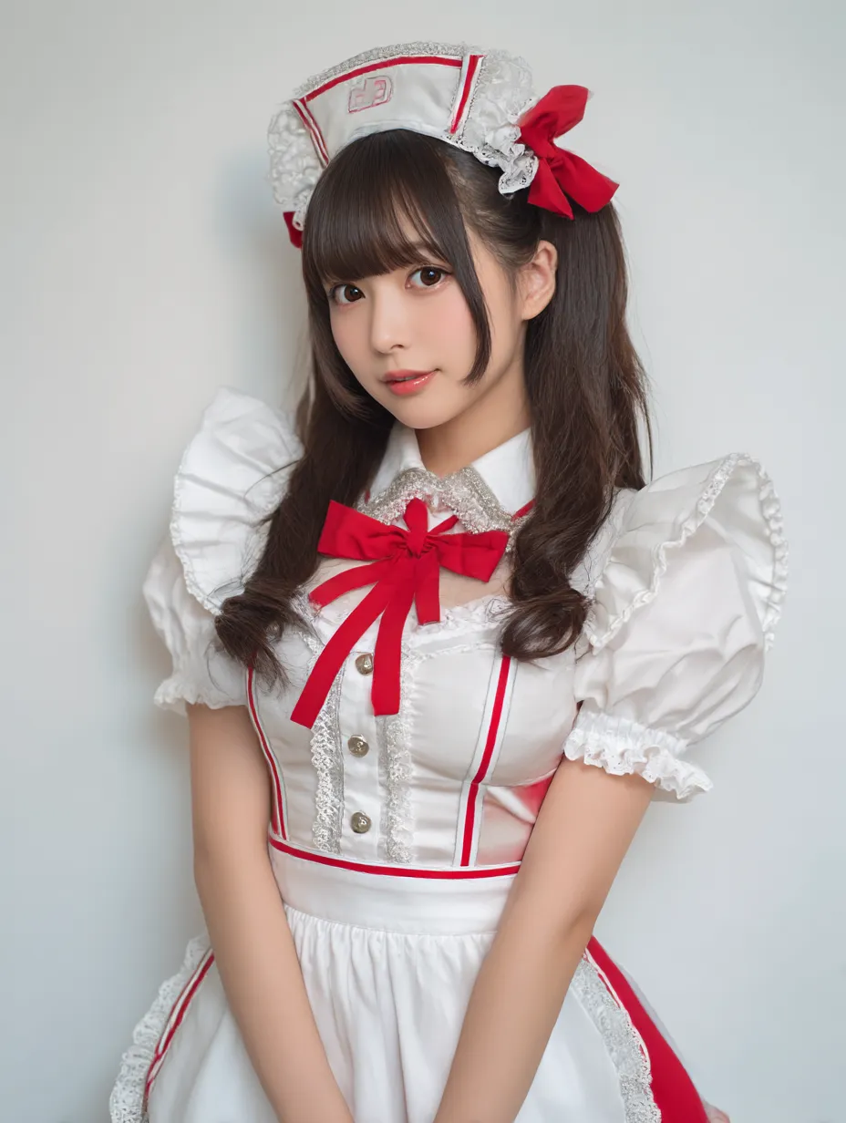 ロリータ風甘系ハロウィンナース写真｜レースやフリルをふんだんに使ったロリータ調ナース服。ツインテールと赤リボンが甘さを引き立て、ファンタジー感漂うメルヘン系コスチューム。